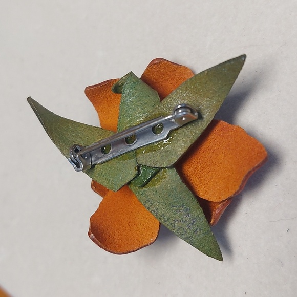 Leather Lily Flower Brooch | Hand-Painted Floral Pin Earring Set - Picture 3 of 7